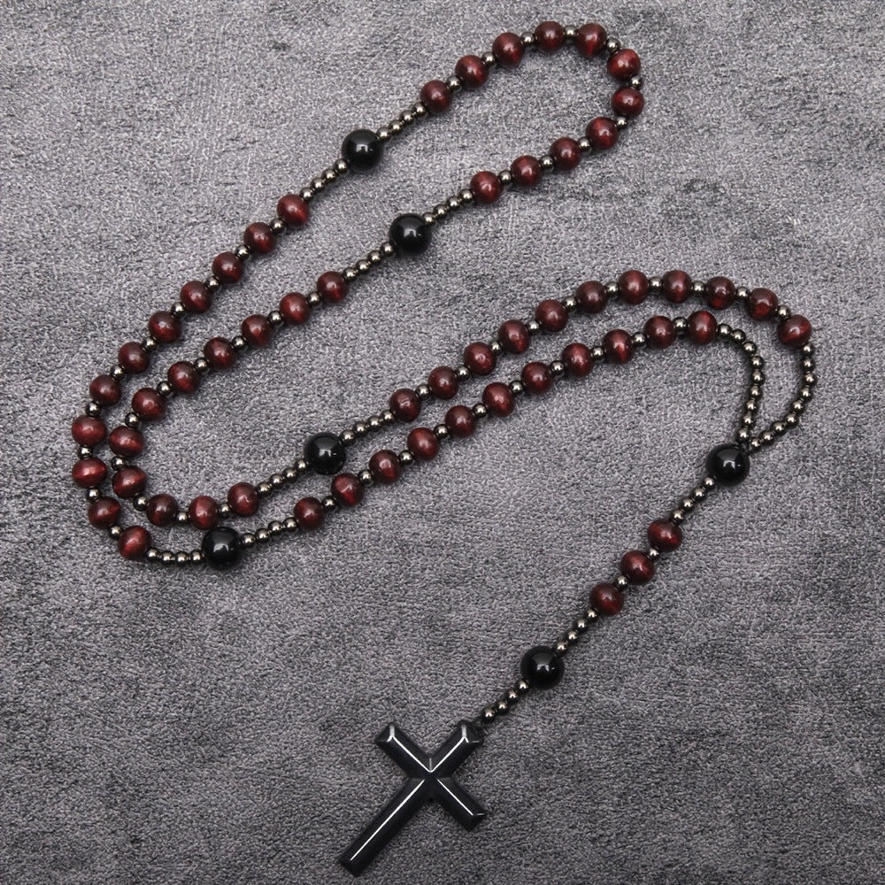 Wholesale Wooden Beads Black Gallstone Cross Religious Long Rosary Necklace